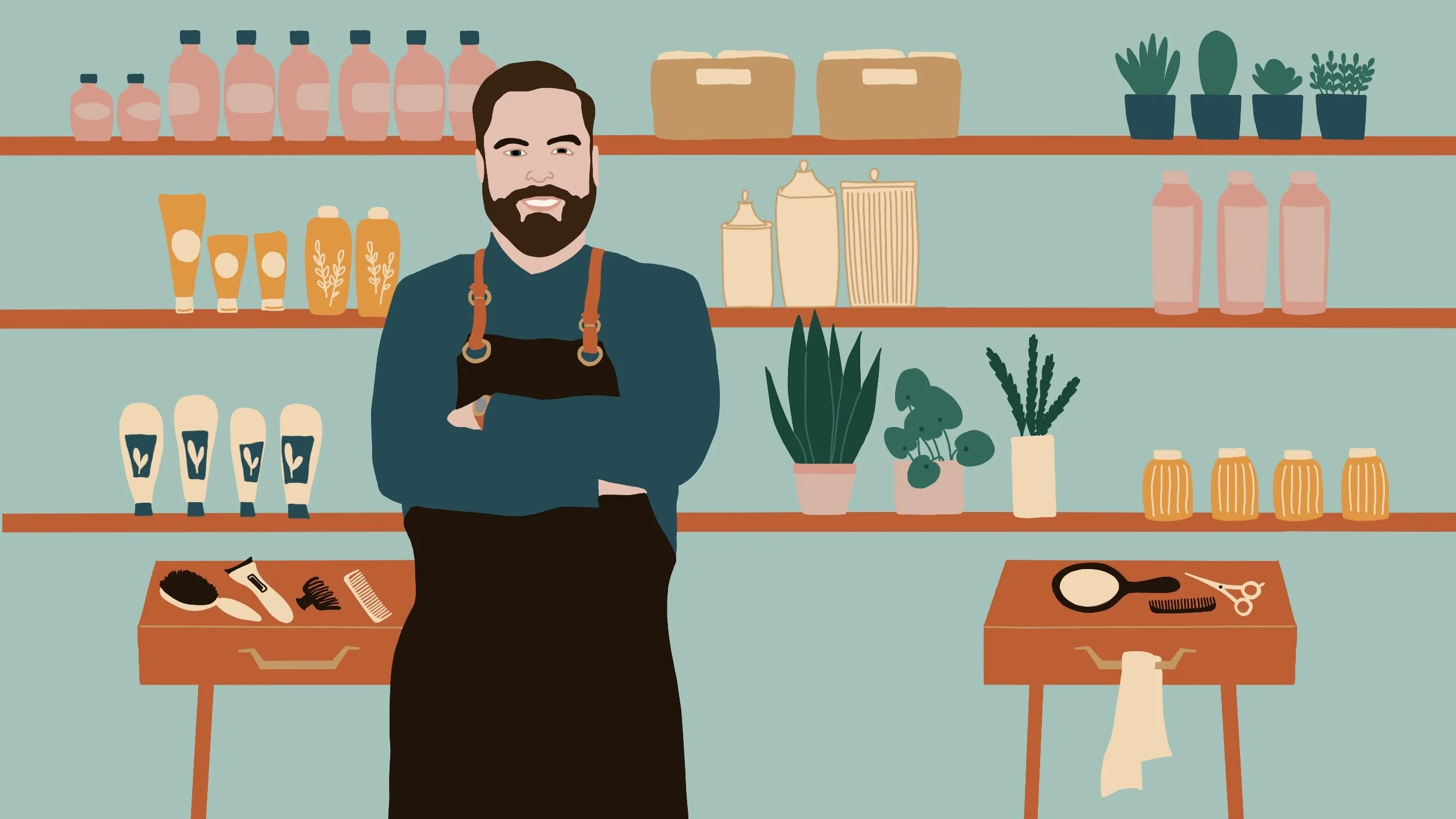 Illustration of Liam standing in his hair studio, surrounded by shelves of eco-friendly products and plants